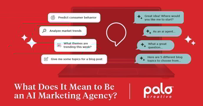 The blog cover image showcases a red background with scattered speech bubbles containing phrases about AI marketing, such as enhancing efficiency and generating insights. It highlights AI's role in modern marketing and poses the question, “What does it mean to be an AI marketing agency?”